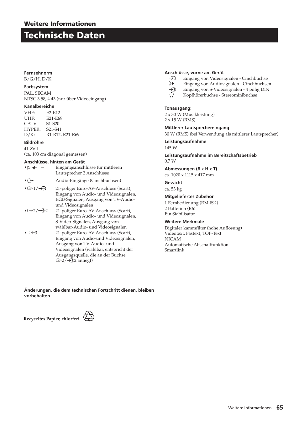 Technische daten, Weitere informationen | Sony KP-41PZ1D User Manual | Page 65 / 135