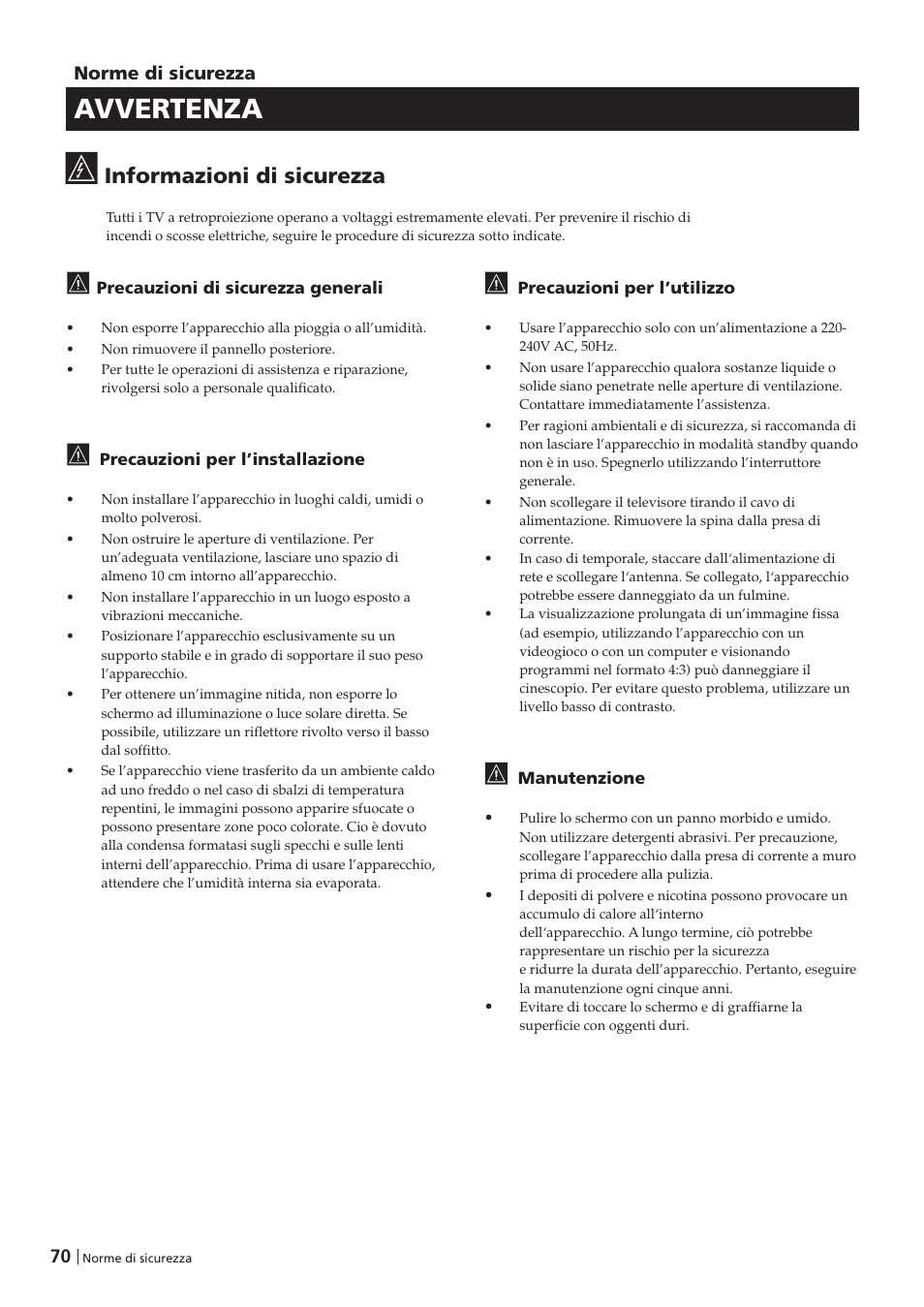 Avvertenza, Informazioni di sicurezza, Norme di sicurezza | Sony KP-41PZ1D User Manual | Page 70 / 135