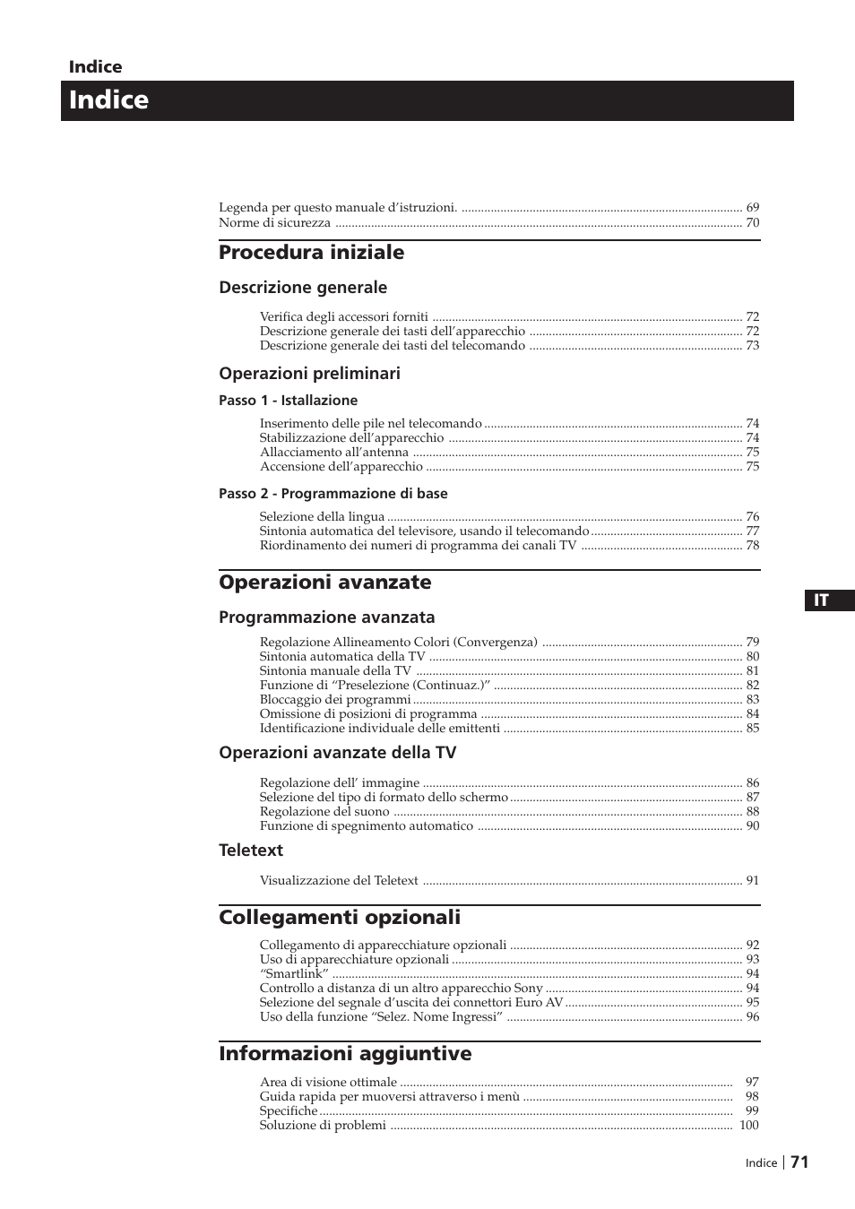 Indice, Procedura iniziale, Operazioni avanzate | Collegamenti opzionali, Informazioni aggiuntive | Sony KP-41PZ1D User Manual | Page 71 / 135