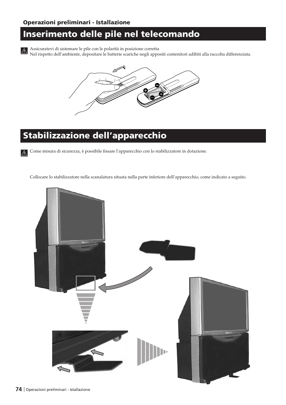 Inserimento delle pile nel telecomando, Stabilizzazione dell’apparecchio | Sony KP-41PZ1D User Manual | Page 74 / 135