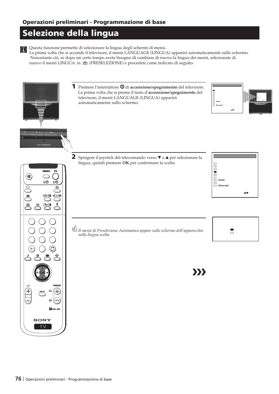 Selezione della lingua, 76 operazioni preliminari - programmazione di base | Sony KP-41PZ1D User Manual | Page 76 / 135