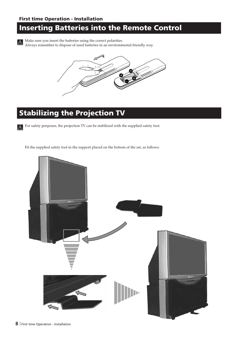 Stabilizing the projection tv, Inserting batteries into the remote control | Sony KP-41PZ1D User Manual | Page 8 / 135