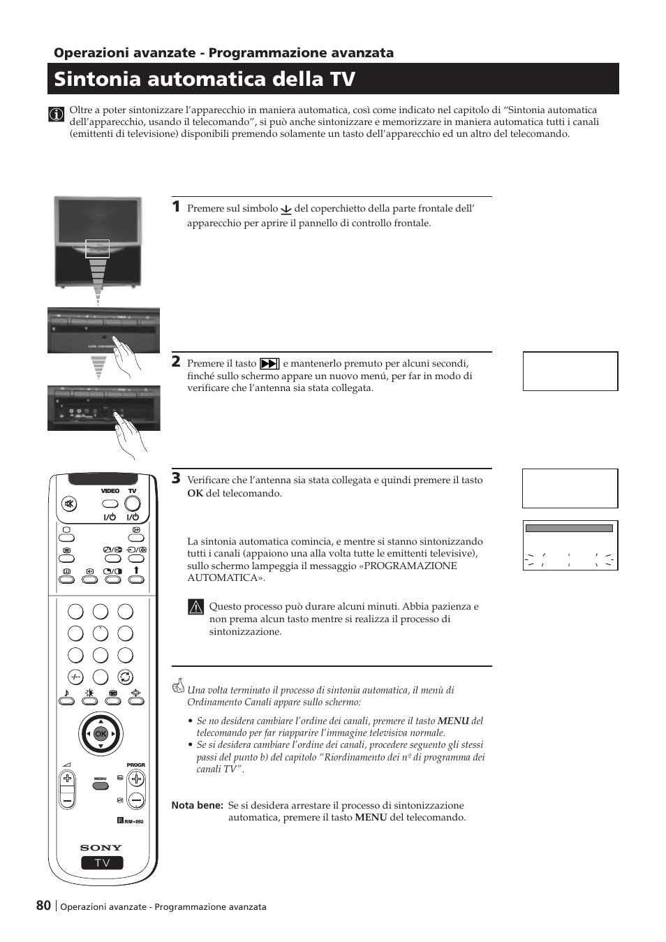 Sintonia automatica della tv, 80 operazioni avanzate - programmazione avanzata | Sony KP-41PZ1D User Manual | Page 80 / 135
