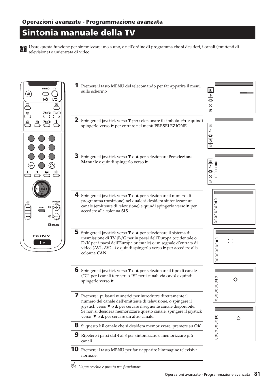 Sintonia manuale della tv, Operazioni avanzate - programmazione avanzata | Sony KP-41PZ1D User Manual | Page 81 / 135