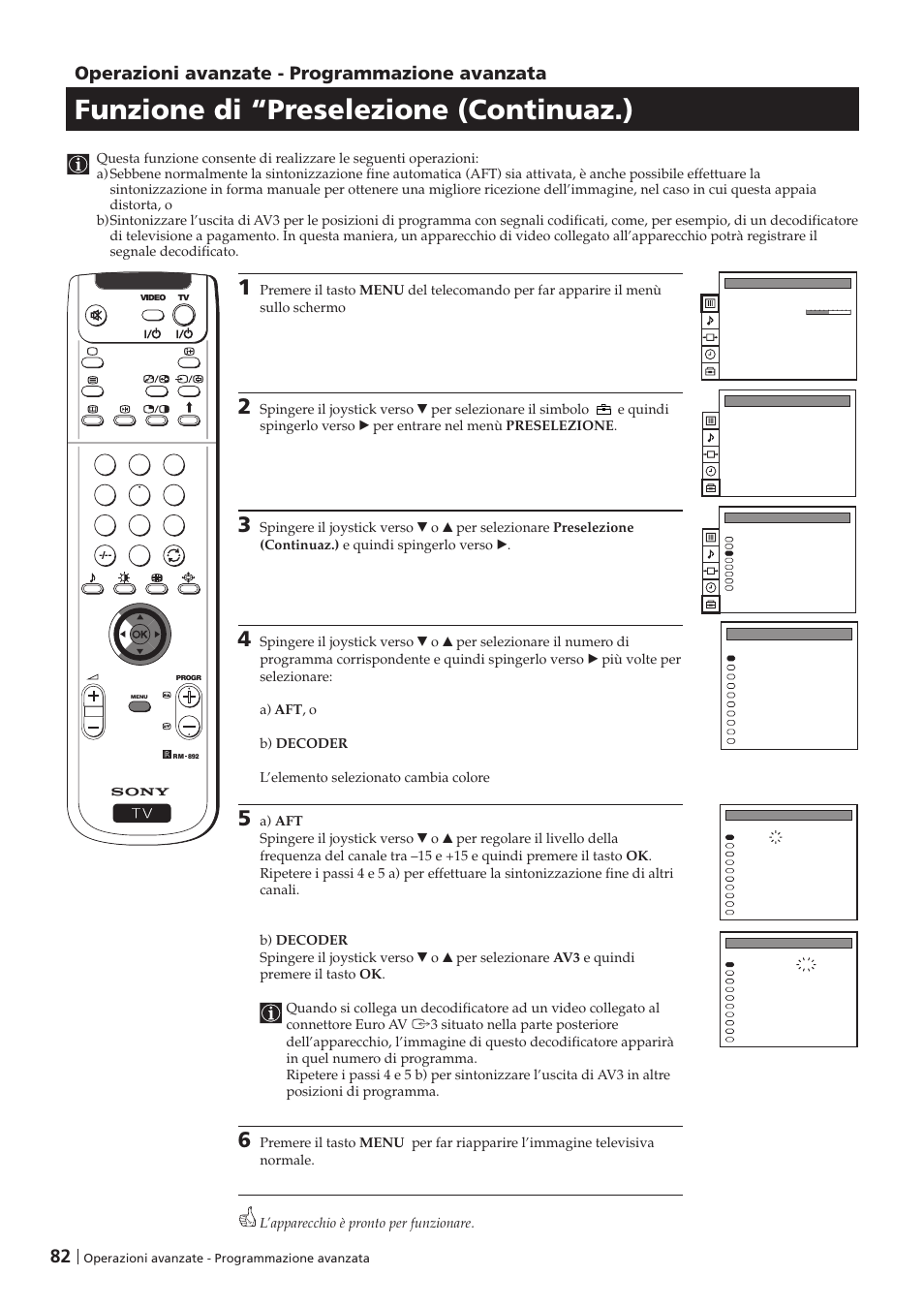 Funzione di “preselezione (continuaz.), Operazioni avanzate - programmazione avanzata | Sony KP-41PZ1D User Manual | Page 82 / 135