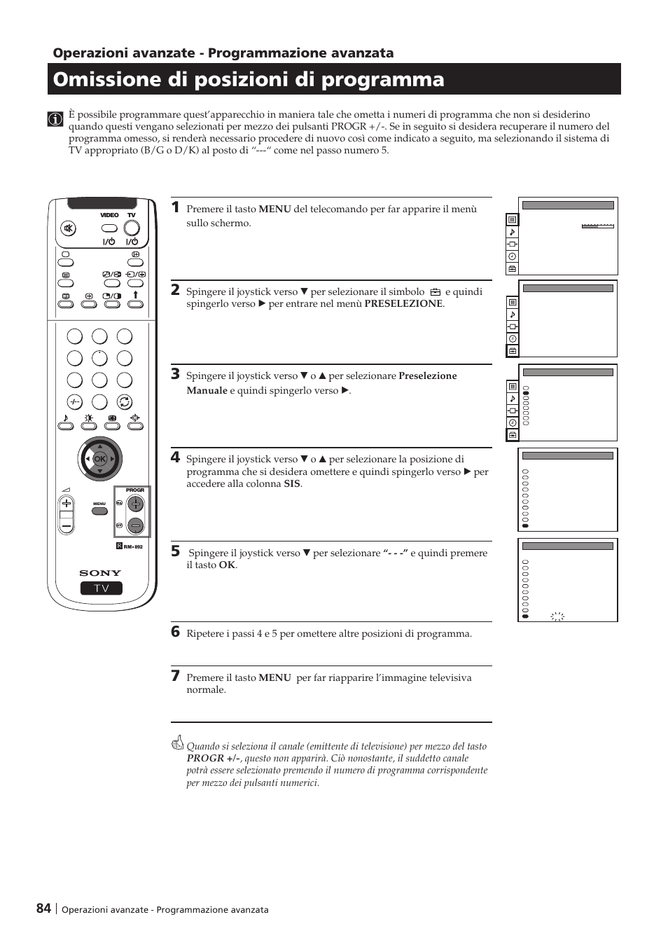 Omissione di posizioni di programma, Operazioni avanzate - programmazione avanzata | Sony KP-41PZ1D User Manual | Page 84 / 135