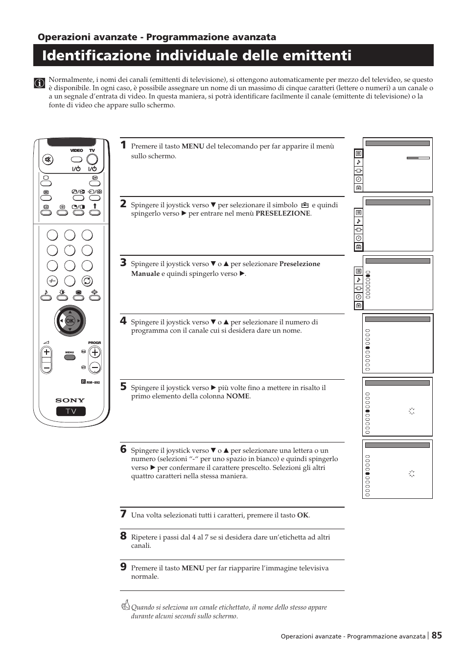 Identificazione individuale delle emittenti, Operazioni avanzate - programmazione avanzata | Sony KP-41PZ1D User Manual | Page 85 / 135