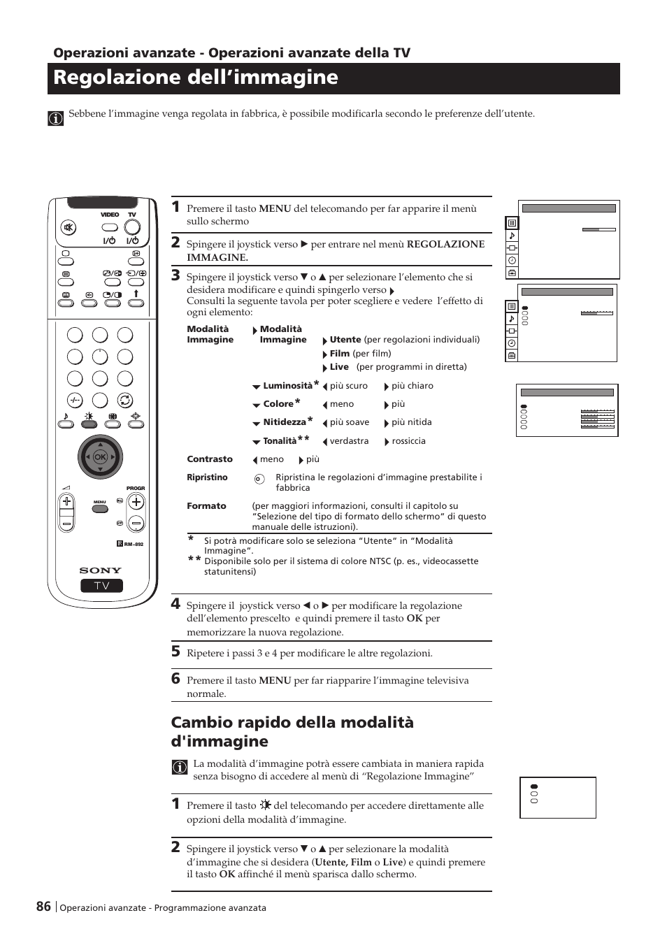 Regolazione dell’immagine, Cambio rapido della modalità d'immagine, Operazioni avanzate - operazioni avanzate della tv | Sony KP-41PZ1D User Manual | Page 86 / 135