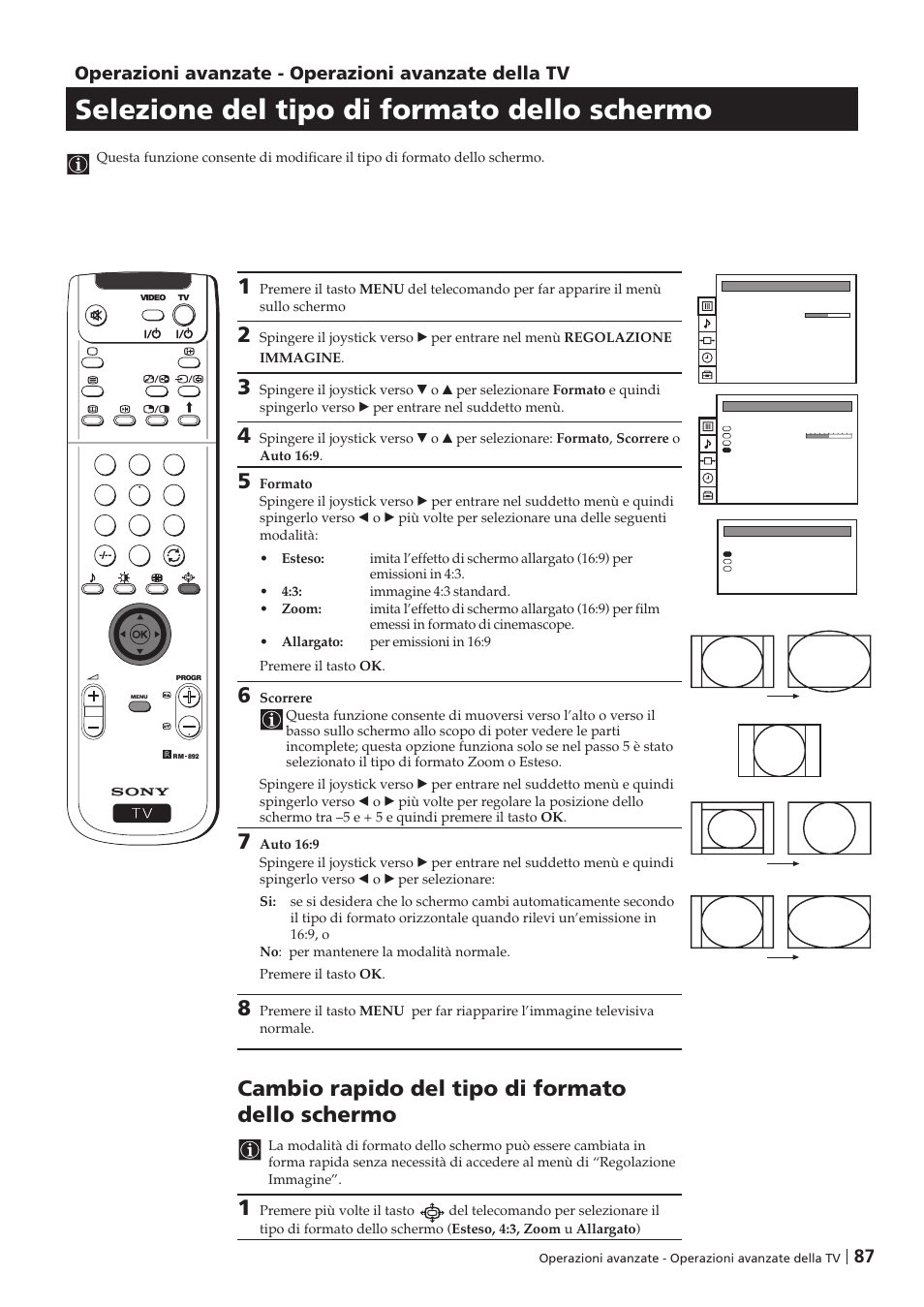 Selezione del tipo di formato dello schermo, Cambio rapido del tipo di formato dello schermo, Operazioni avanzate - operazioni avanzate della tv | Sony KP-41PZ1D User Manual | Page 87 / 135