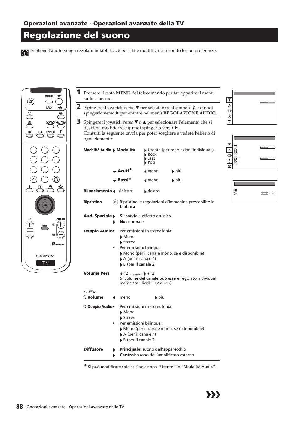 Regolazione del suono, Operazioni avanzate - operazioni avanzate della tv | Sony KP-41PZ1D User Manual | Page 88 / 135