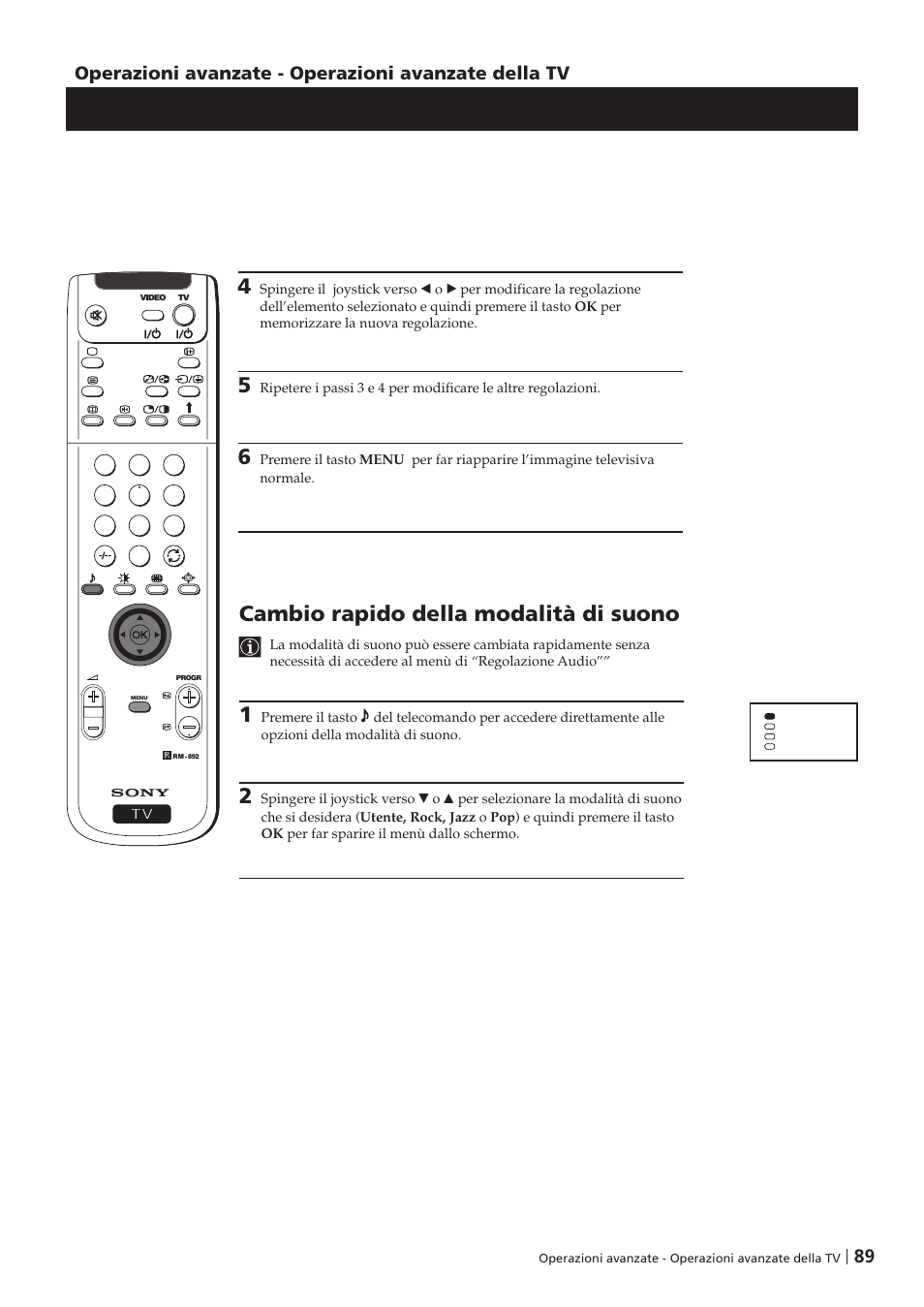 Cambio rapido della modalità di suono, Operazioni avanzate - operazioni avanzate della tv | Sony KP-41PZ1D User Manual | Page 89 / 135