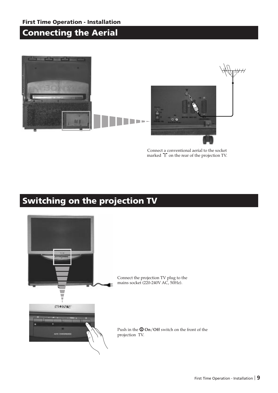 Connecting the aerial, Switching on the projection tv | Sony KP-41PZ1D User Manual | Page 9 / 135