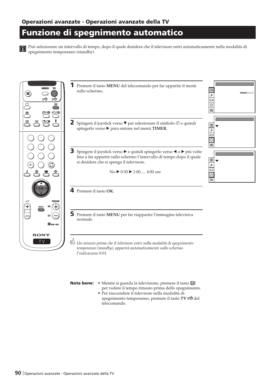 Funzione di spegnimento automatico, Operazioni avanzate - operazioni avanzate della tv | Sony KP-41PZ1D User Manual | Page 90 / 135