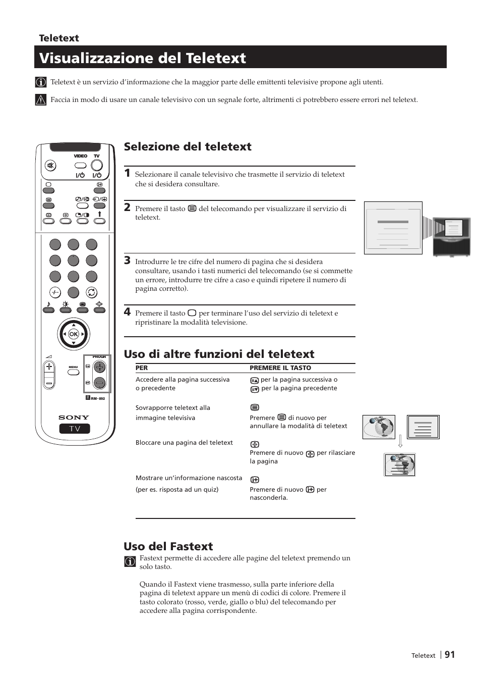 Visualizzazione del teletext, Selezione del teletext 1, Uso di altre funzioni del teletext | Uso del fastext, Teletext | Sony KP-41PZ1D User Manual | Page 91 / 135