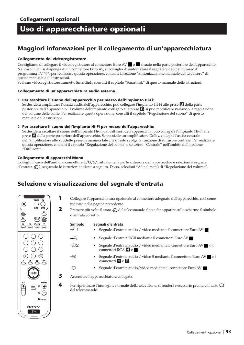 Uso di apparecchiature opzionali, 93 collegamenti opzionali | Sony KP-41PZ1D User Manual | Page 93 / 135