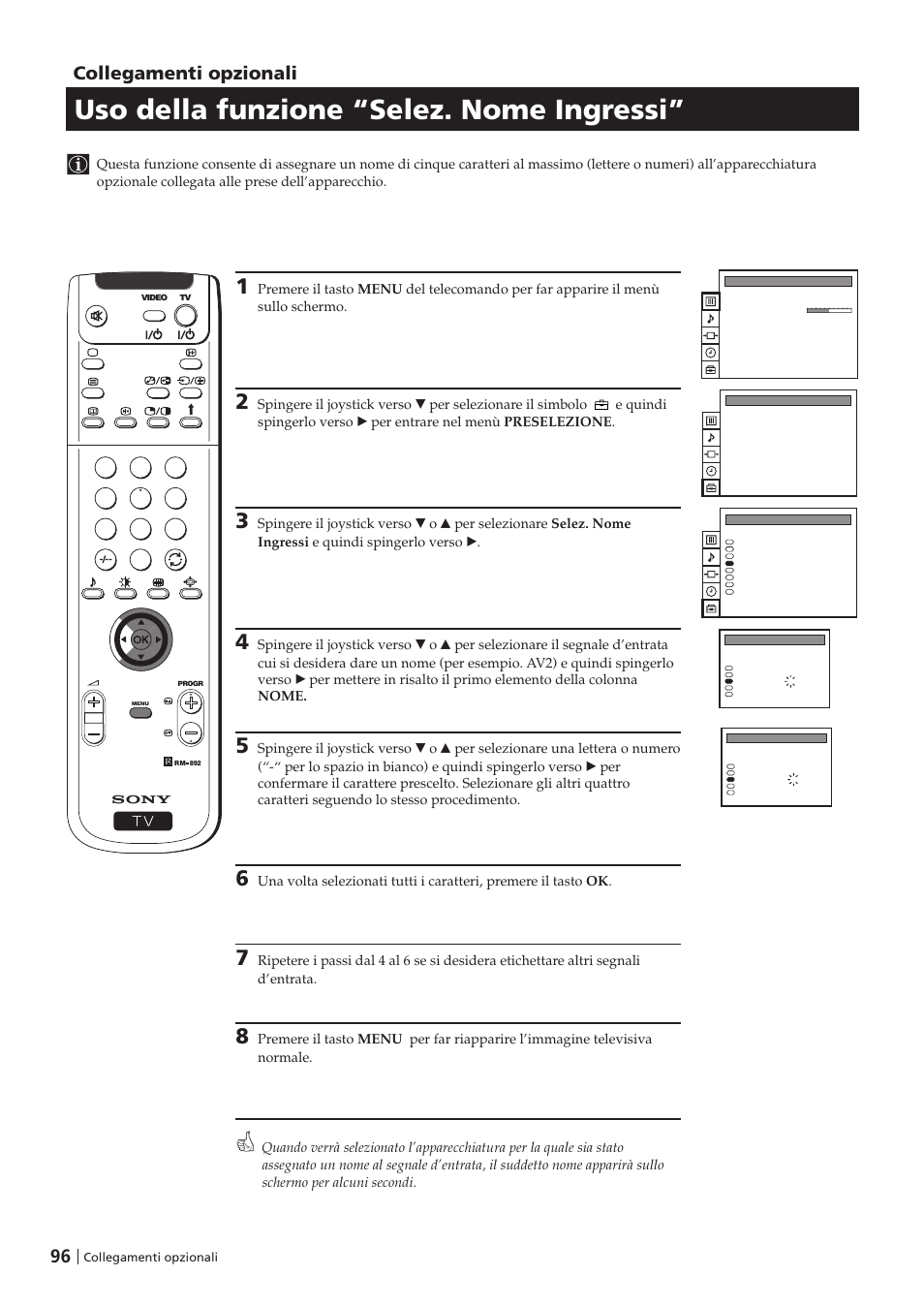 Uso della funzione “selez. nome ingressi, 96 collegamenti opzionali | Sony KP-41PZ1D User Manual | Page 96 / 135