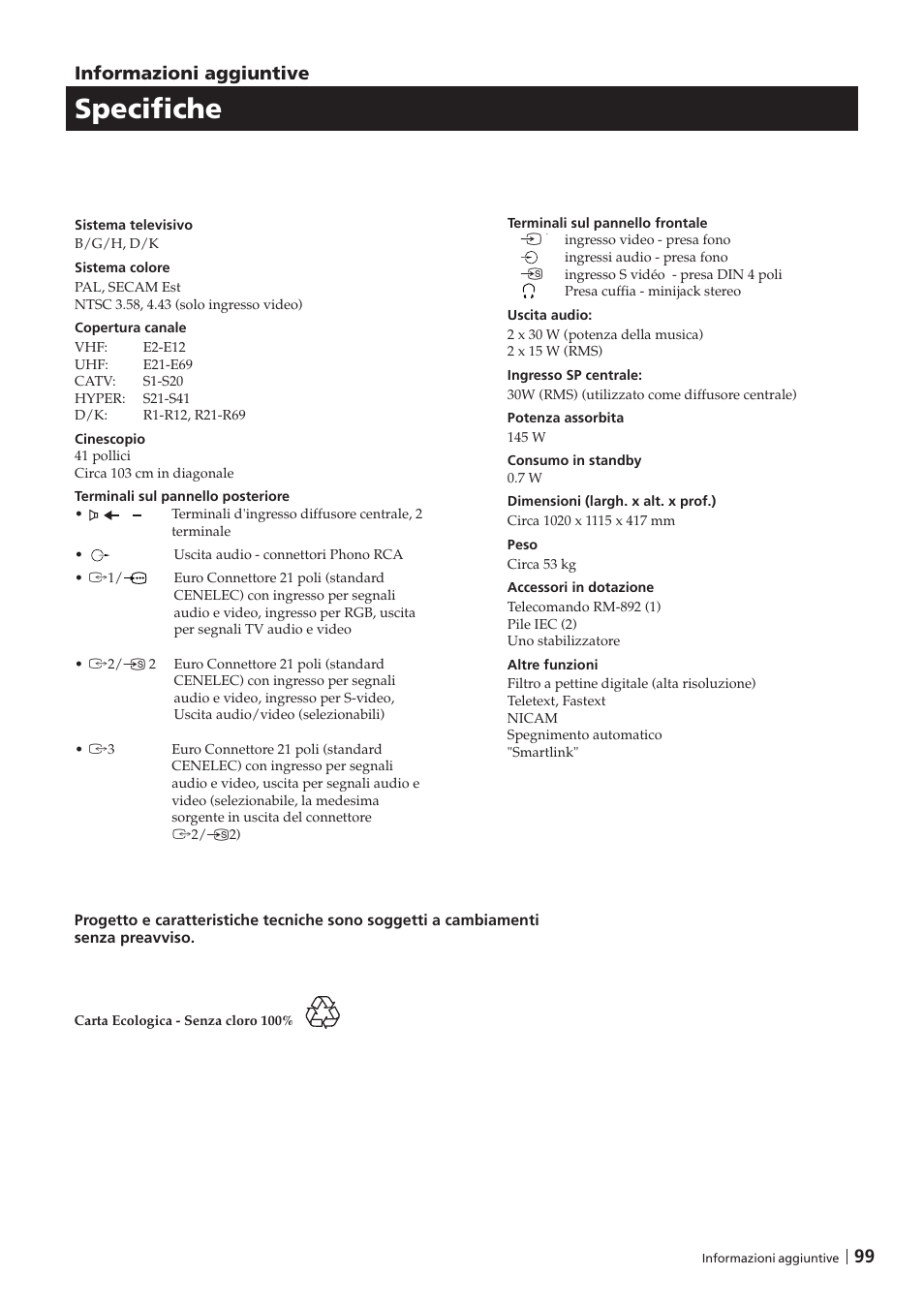 Specifiche, 99 informazioni aggiuntive | Sony KP-41PZ1D User Manual | Page 99 / 135