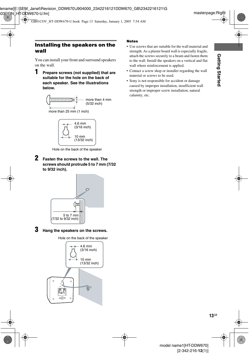 Installing the speakers on the wall | Sony HTDDW670 User Manual | Page 13 / 44