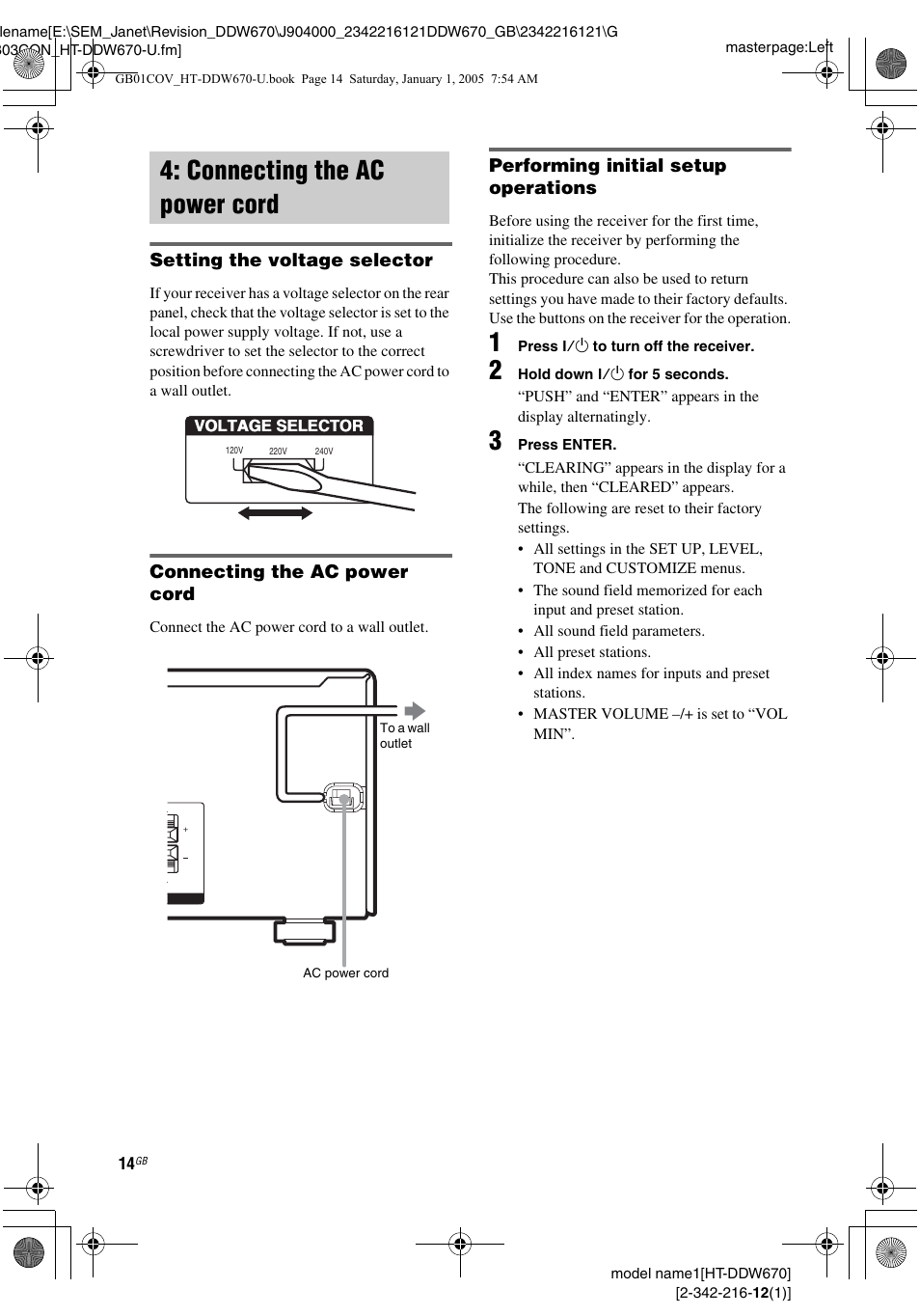 Connecting the ac power cord | Sony HTDDW670 User Manual | Page 14 / 44
