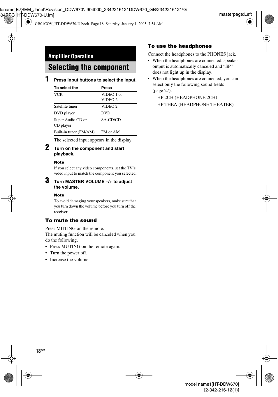 Amplifier operation, Selecting the component | Sony HTDDW670 User Manual | Page 18 / 44