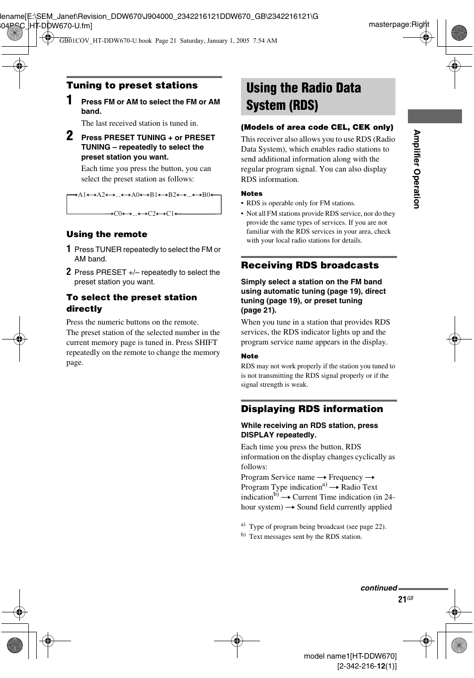 Using the radio data system (rds), Models of area code cel, cek only), Stored stations, see “tuning | Sony HTDDW670 User Manual | Page 21 / 44