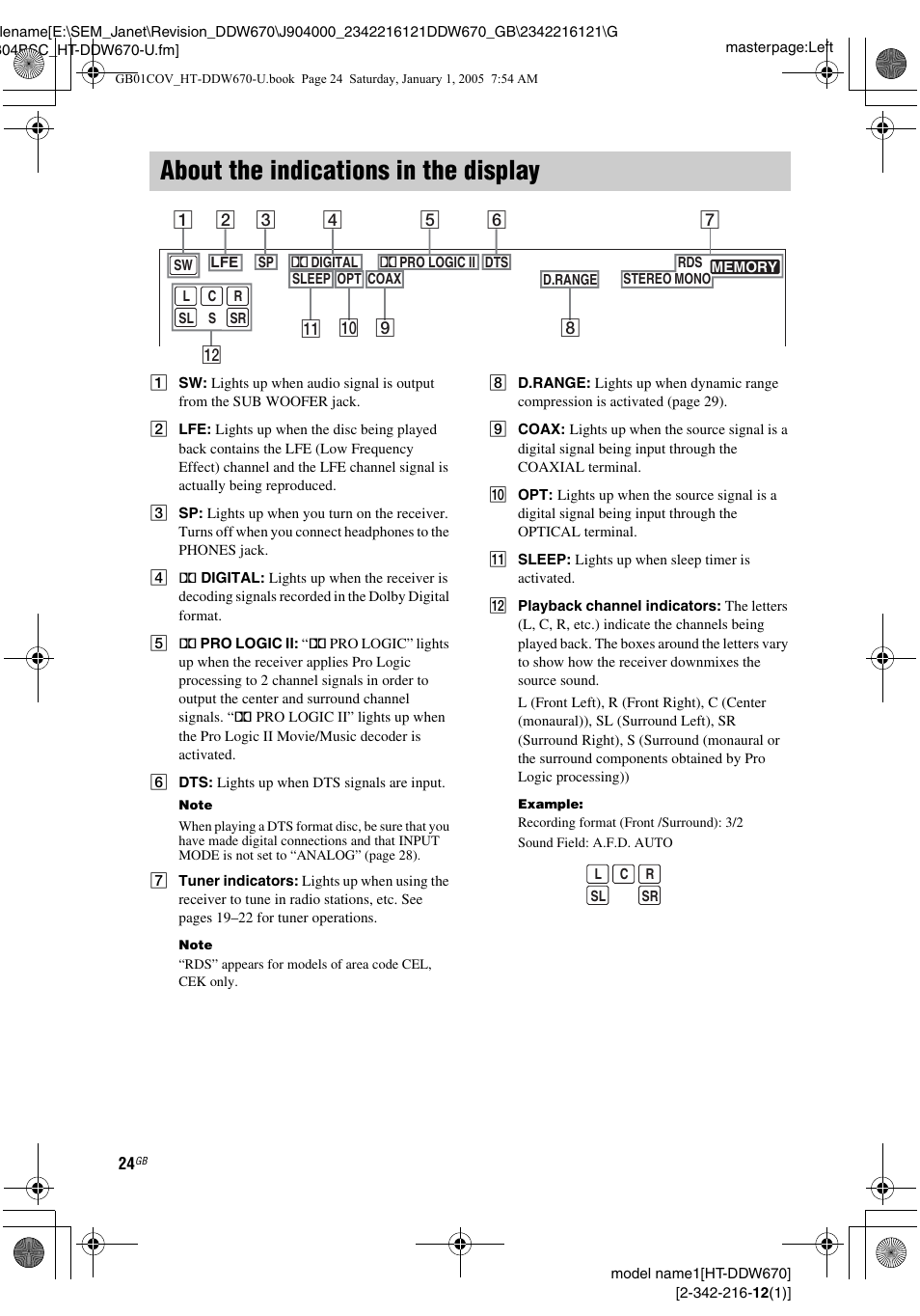 About the indications in the display | Sony HTDDW670 User Manual | Page 24 / 44