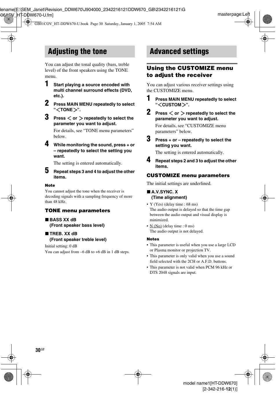 Adjusting the tone, Advanced settings, Adjusting the tone advanced settings | Sony HTDDW670 User Manual | Page 30 / 44