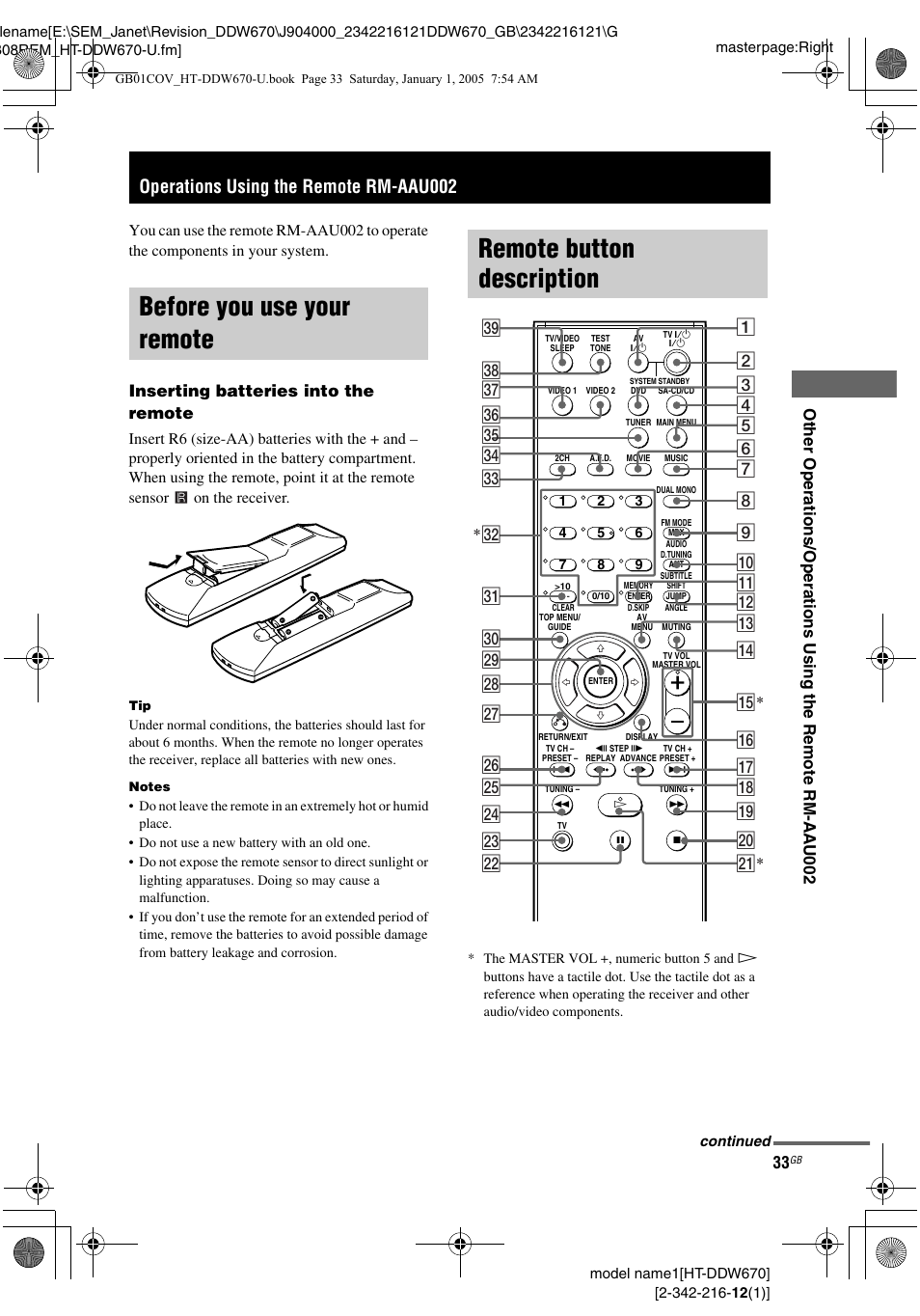 Operations using the remote rm-aau002, Before you use your remote, Remote button description | Inserting batteries into the remote | Sony HTDDW670 User Manual | Page 33 / 44