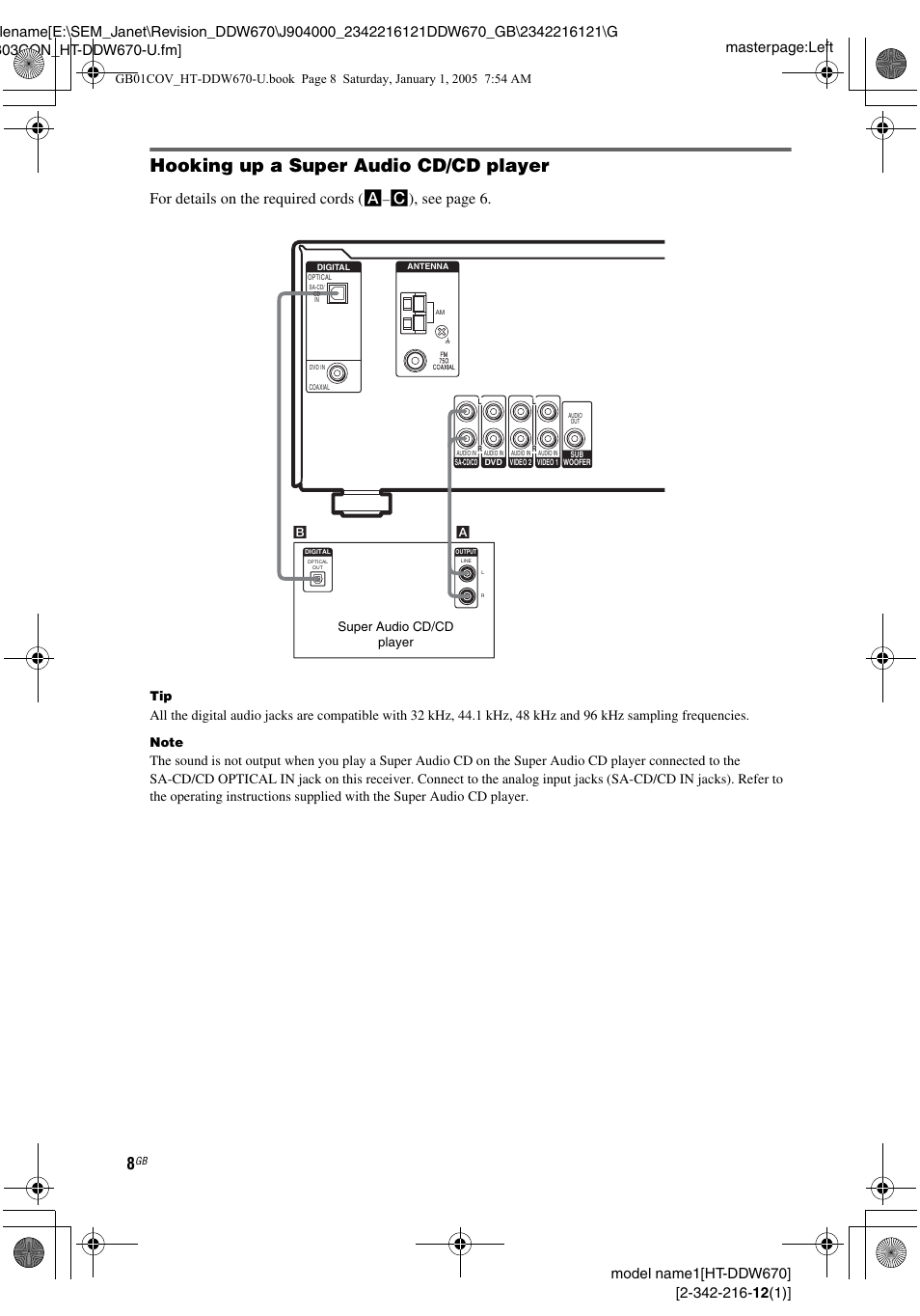 Hooking up a super audio cd/cd player, For details on the required cords ( a, C ), see page 6 | Sony HTDDW670 User Manual | Page 8 / 44