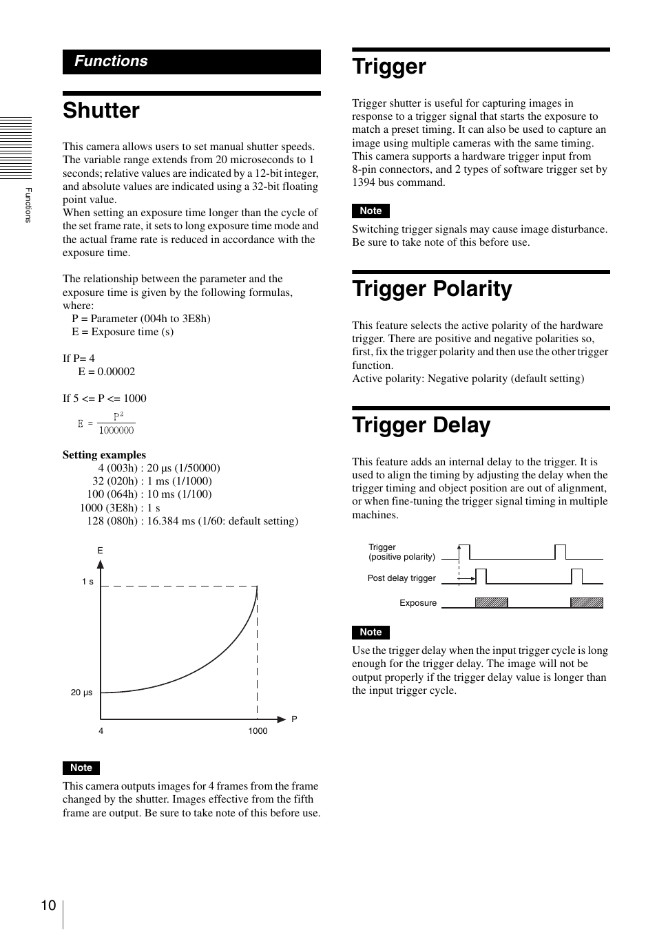 Functions, Shutter, Trigger | Trigger polarity, Trigger delay, Shutter trigger trigger polarity trigger delay | Sony XCD-MV6 User Manual | Page 10 / 34
