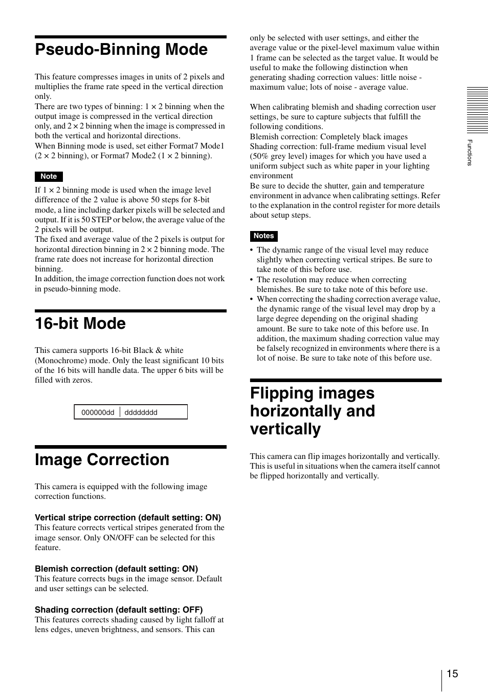 Pseudo-binning mode, Bit mode, Image correction | Flipping images horizontally and vertically | Sony XCD-MV6 User Manual | Page 15 / 34