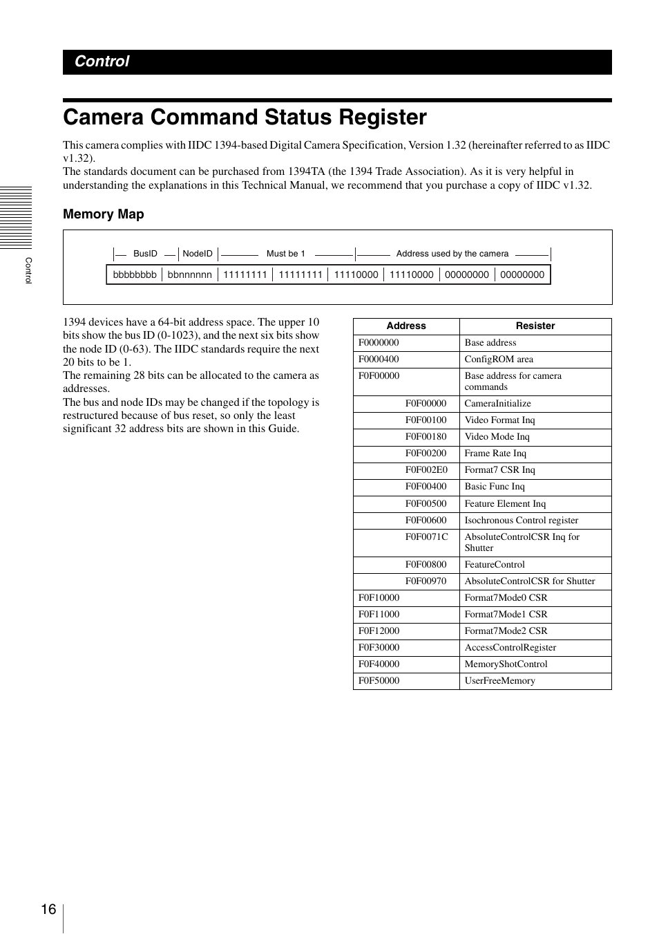 Control, Camera command status register | Sony XCD-MV6 User Manual | Page 16 / 34