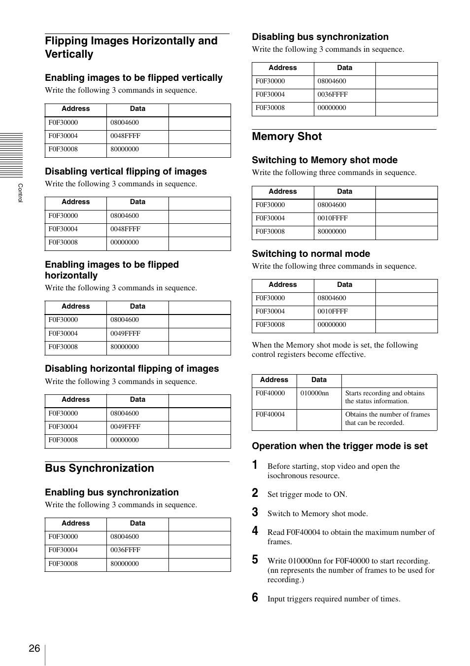 Flipping images horizontally and vertically, Bus synchronization, Memory shot | Sony XCD-MV6 User Manual | Page 26 / 34