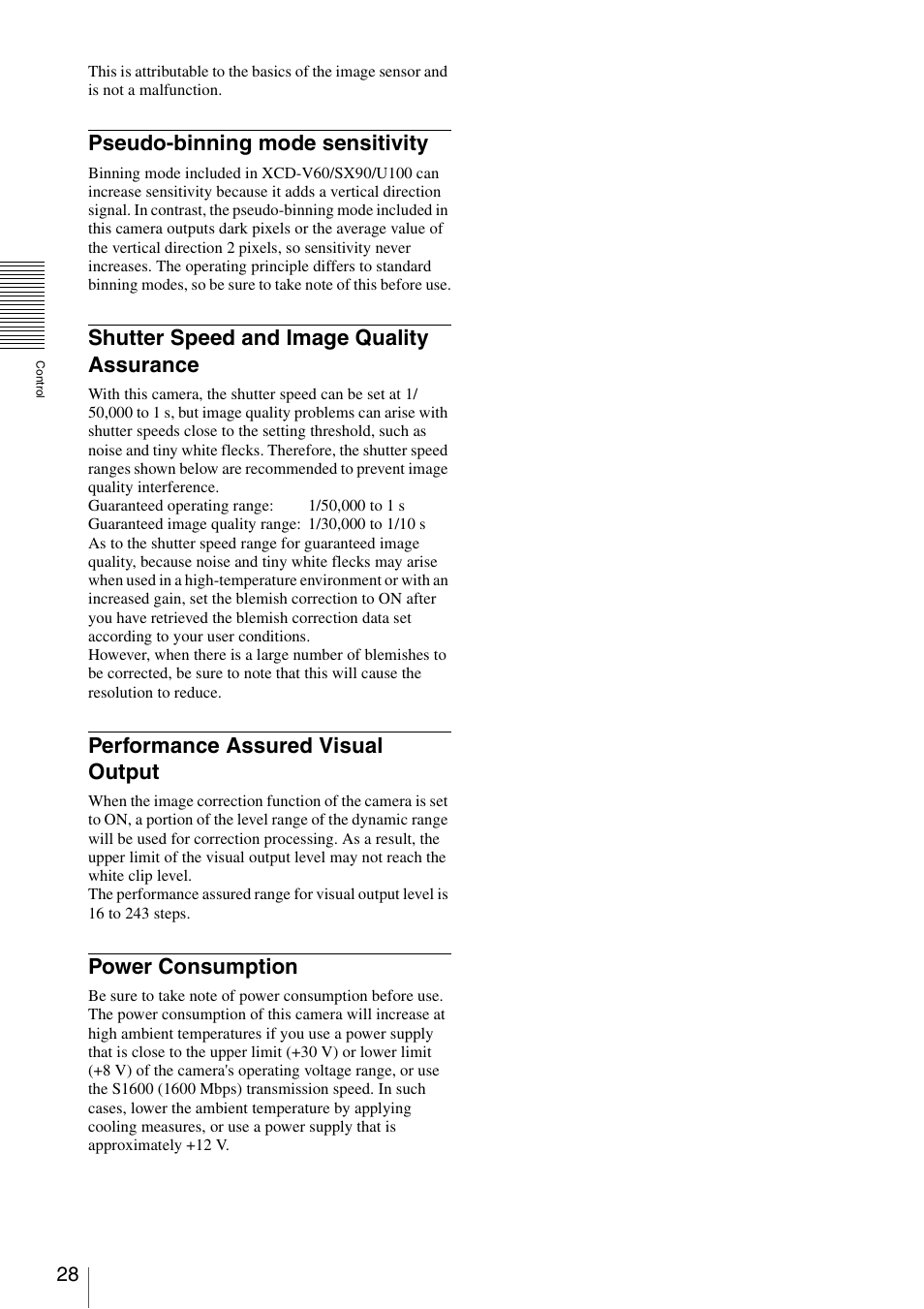 Pseudo-binning mode sensitivity, Shutter speed and image quality assurance, Performance assured visual output | Power consumption | Sony XCD-MV6 User Manual | Page 28 / 34