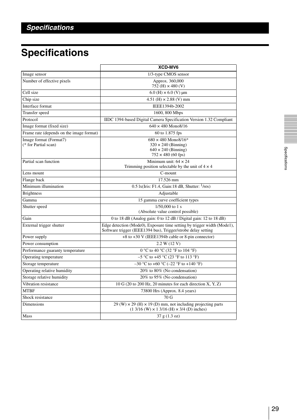 Specifications | Sony XCD-MV6 User Manual | Page 29 / 34