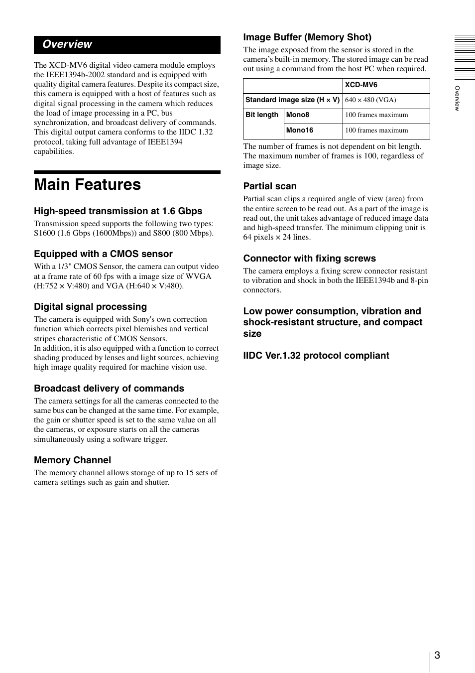 Overview, Main features | Sony XCD-MV6 User Manual | Page 3 / 34