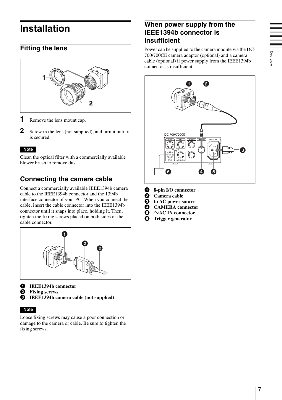 Installation, Fitting the lens, Connecting the camera cable | Connector is insufficient | Sony XCD-MV6 User Manual | Page 7 / 34