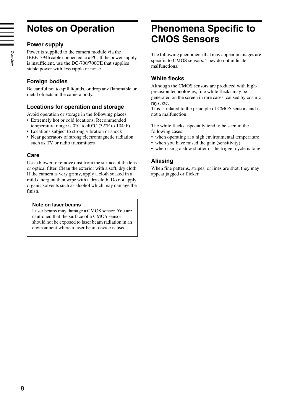 Notes on operation, Phenomena specific to cmos sensors | Sony XCD-MV6 User Manual | Page 8 / 34