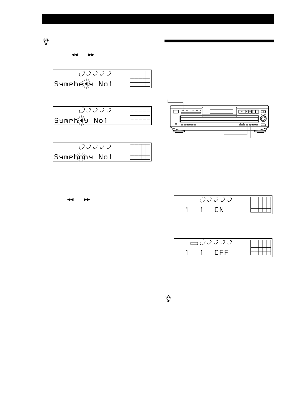 Lagra vissa bestämda spår (utelämna spår), 1 1 o n, 1 1 o f f | Lagra information om cd-skivor (eget minne), Radera skivtiteln 1 | Sony CDP-CE535 User Manual | Page 110 / 116