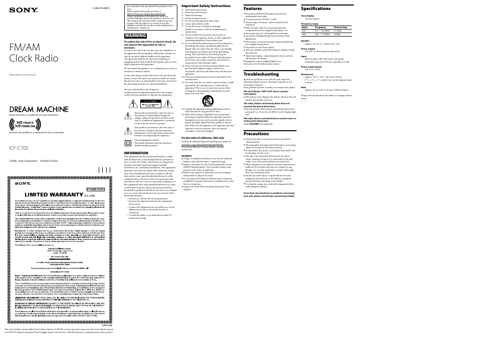 Sony DREAM MACHINE ICF-C705 User Manual | 2 pages