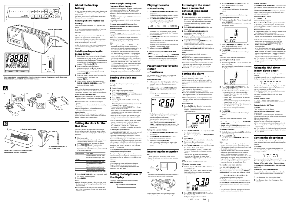 About the backup battery, Setting the clock for the first time, Setting the clock and date | Setting the brightness of the display, Playing the radio, Presetting your favorite station, Improving the reception, Setting the alarm, Using the nap timer (count down timer), Setting the sleep timer | Sony DREAM MACHINE ICF-C705 User Manual | Page 2 / 2