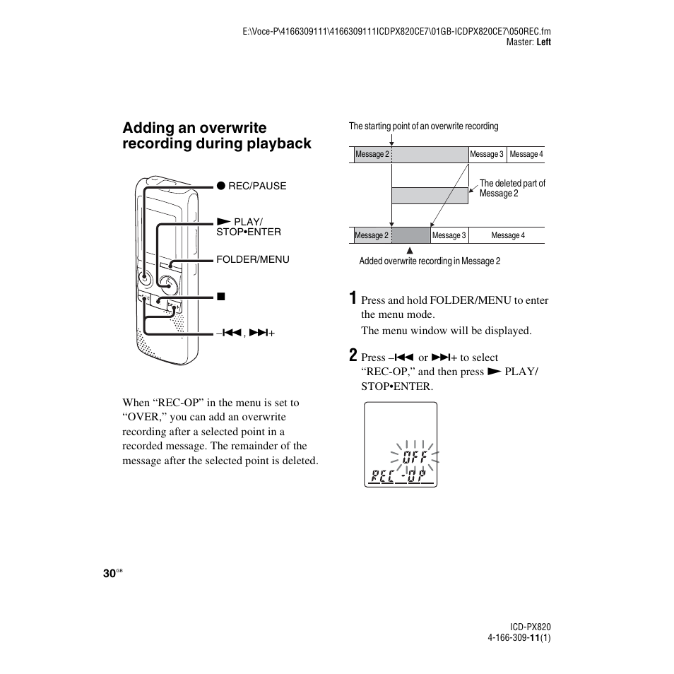 Adding an overwrite recording during playback | Sony 4-166-309-11(1) User Manual | Page 30 / 96