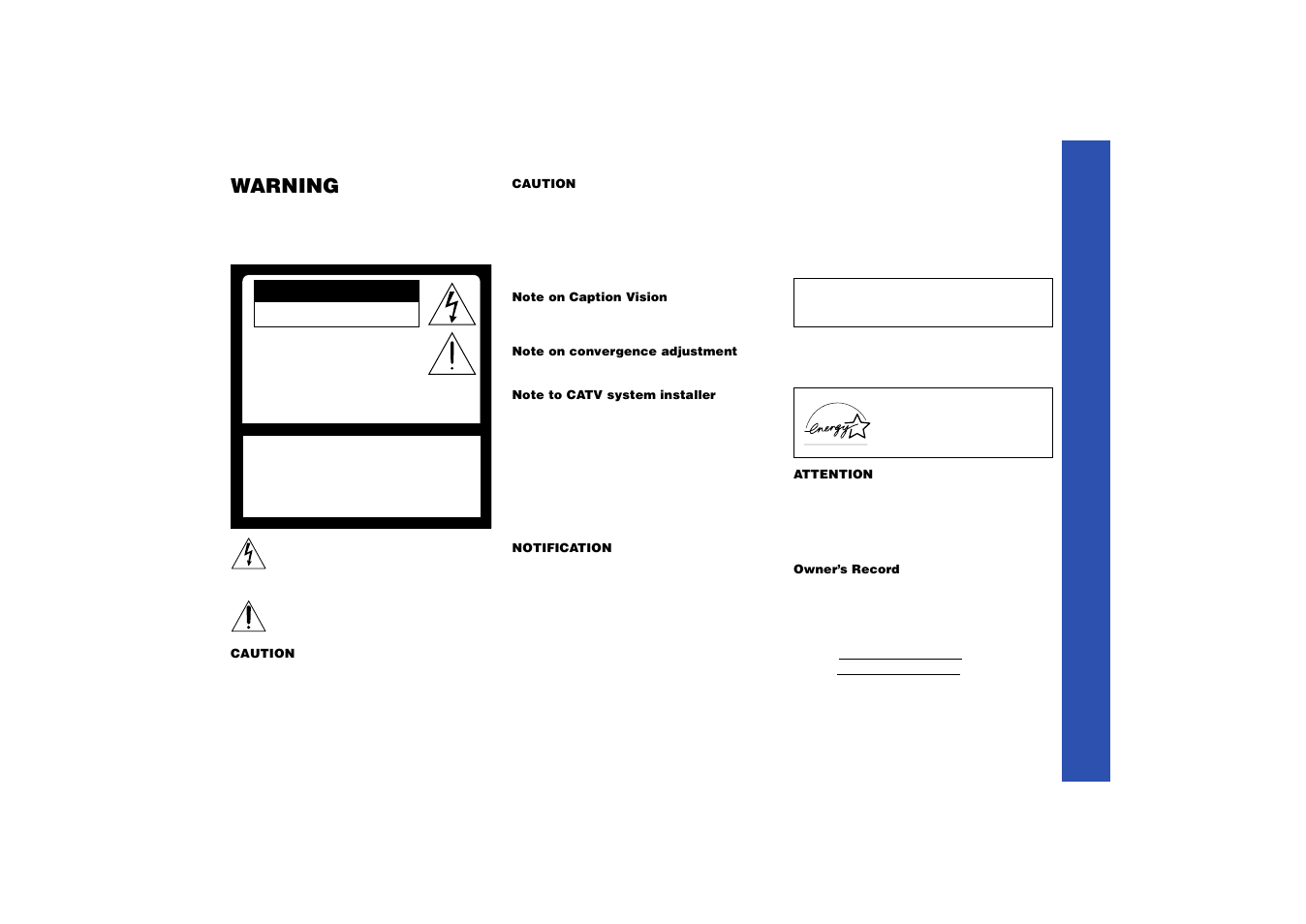 Warning, Caution, Attention | Precaucion | Sony KP 53HS10 User Manual | Page 2 / 66