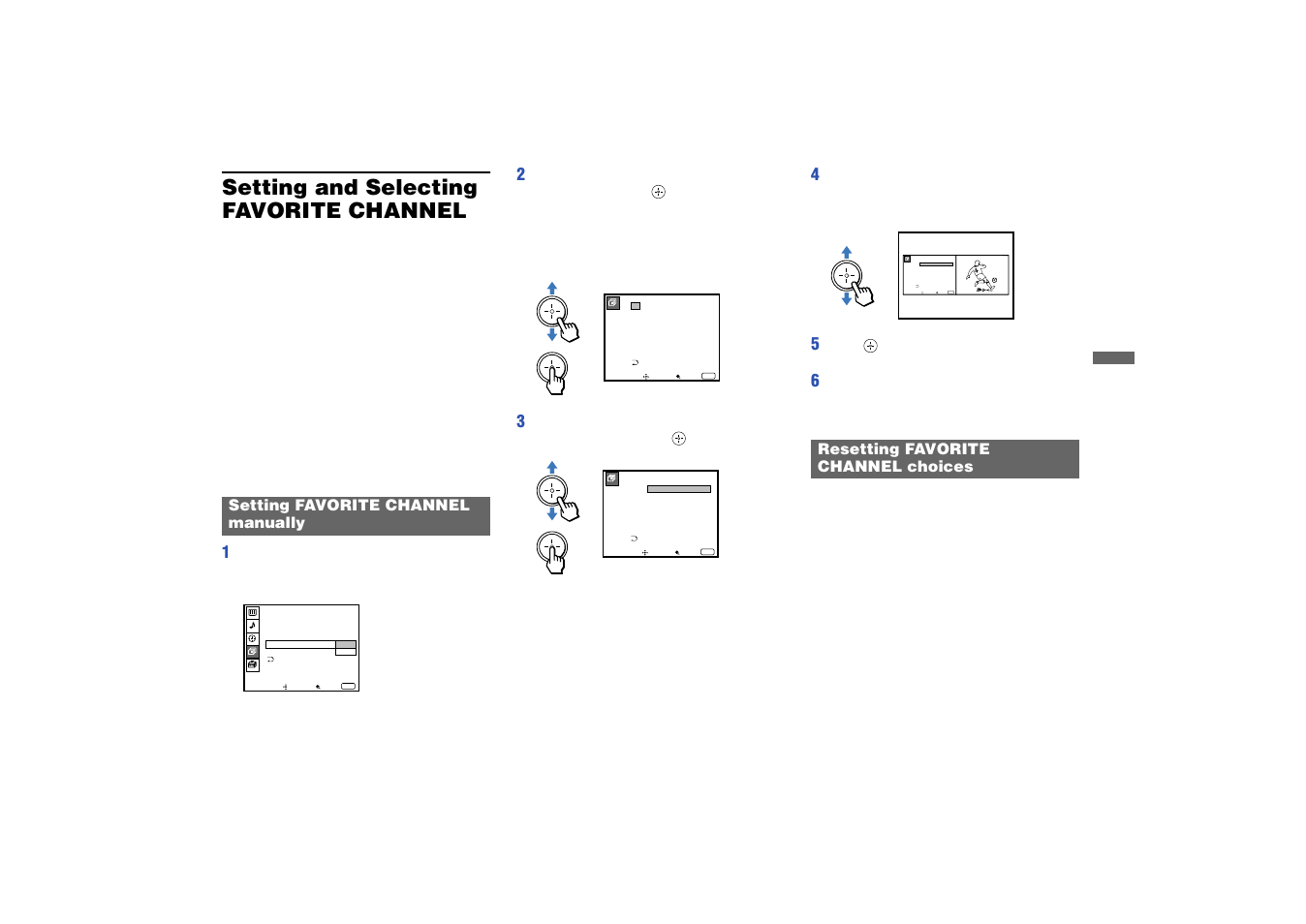 Setting and selecting favorite channel, Setting favorite channel manually, Resetting favorite channel choices | Setting and selecting favorite, Channel, Setting favorite channel, Manually, Resetting favorite channel, Choices, Menu | Sony KP 53HS10 User Manual | Page 43 / 66