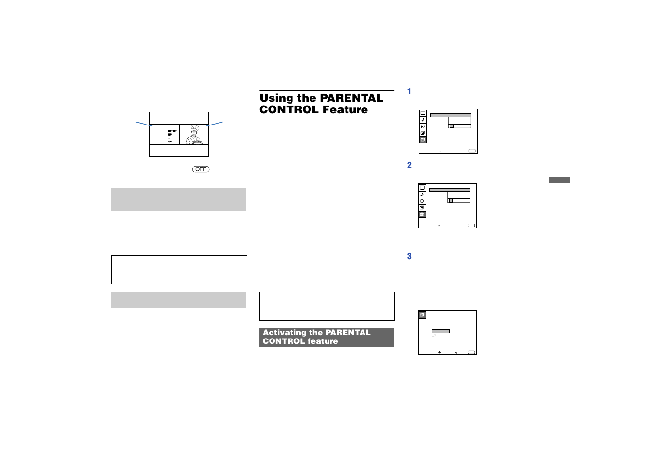 Using the parental control feature, Activating the parental control feature, Using the parental control | Feature, Activating the parental control | Sony KP 53HS10 User Manual | Page 47 / 66