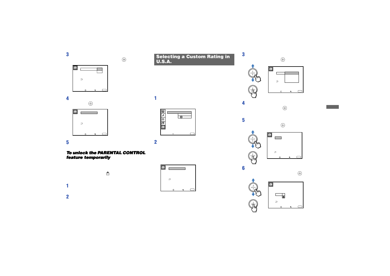 Selecting a custom rating in u. s. a, Selecting a custom rating in, U.s.a | Sony KP 53HS10 User Manual | Page 49 / 66