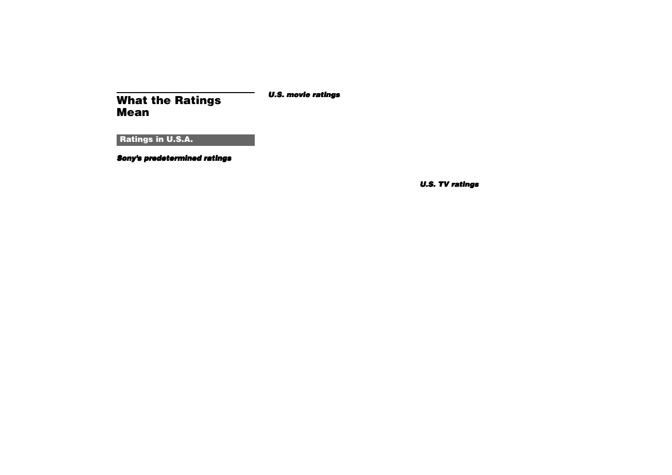 What the ratings mean, Ratings in u. s. a, Ratings in u.s.a | Sony KP 53HS10 User Manual | Page 54 / 66