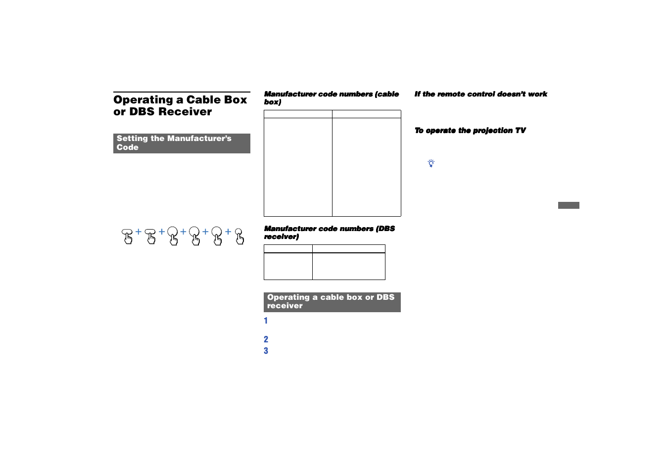 Operating a cable box or dbs receiver, Setting the manufacturer’s code, Operating a cable box or dbs | Receiver | Sony KP 53HS10 User Manual | Page 59 / 66