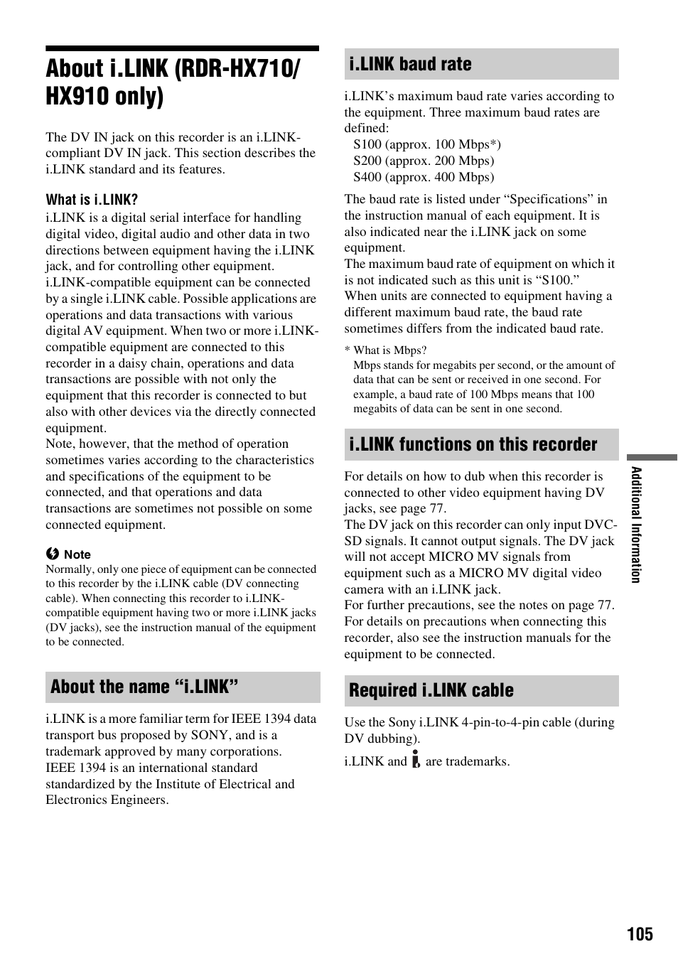 About i.link (rdr-hx710/ hx910 only), About i.link (rdr-hx710/hx910 only) | Sony RDR-HX510 User Manual | Page 105 / 116