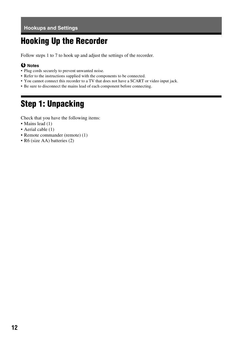 Hookups and settings, Hooking up the recorder, Step 1: unpacking | Hooking up the recorder step 1: unpacking | Sony RDR-HX510 User Manual | Page 12 / 116